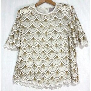 Vtg Creative Touch Women Beaded Sequined 100% Silk‎ Top Ivory Gold 80s Chic Sz L